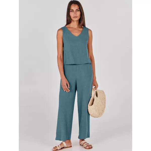 imageANRABESS Womens 2 Piece Outfits Summer Sleeveless Tank Crop Button Back Top Wide Leg Pants Linen Set with PocketsGray Blue