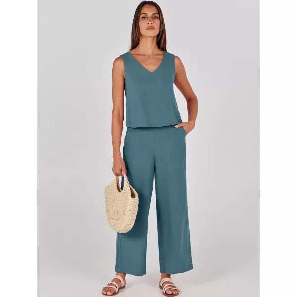 imageANRABESS Womens 2 Piece Outfits Summer Sleeveless Tank Crop Button Back Top Wide Leg Pants Linen Set with PocketsGray Blue
