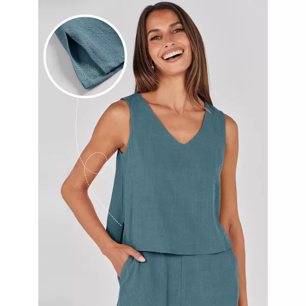 imageANRABESS Womens 2 Piece Outfits Summer Sleeveless Tank Crop Button Back Top Wide Leg Pants Linen Set with PocketsGray Blue
