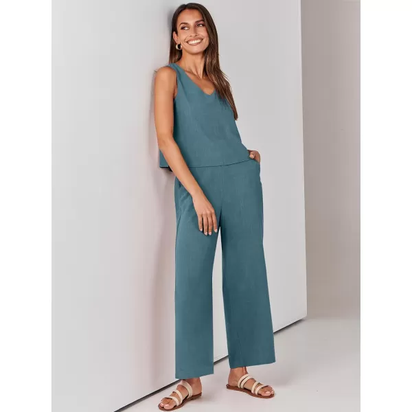 imageANRABESS Womens 2 Piece Outfits Summer Sleeveless Tank Crop Button Back Top Wide Leg Pants Linen Set with PocketsGray Blue