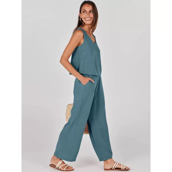 imageANRABESS Womens 2 Piece Outfits Summer Sleeveless Tank Crop Button Back Top Wide Leg Pants Linen Set with PocketsGray Blue