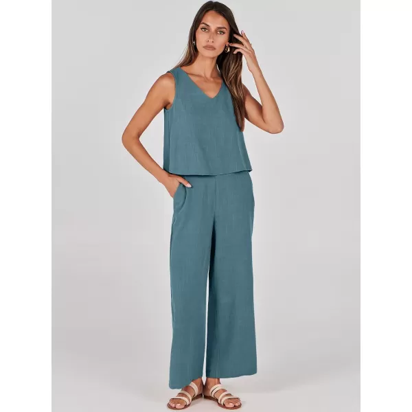 imageANRABESS Womens 2 Piece Outfits Summer Sleeveless Tank Crop Button Back Top Wide Leg Pants Linen Set with PocketsGray Blue