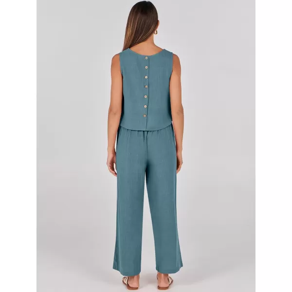 imageANRABESS Womens 2 Piece Outfits Summer Sleeveless Tank Crop Button Back Top Wide Leg Pants Linen Set with PocketsGray Blue