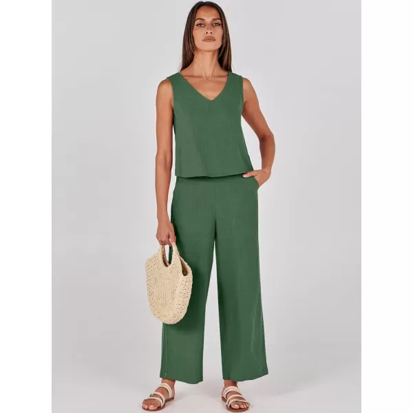 imageANRABESS Womens 2 Piece Outfits Summer Sleeveless Tank Crop Button Back Top Wide Leg Pants Linen Set with PocketsGreen