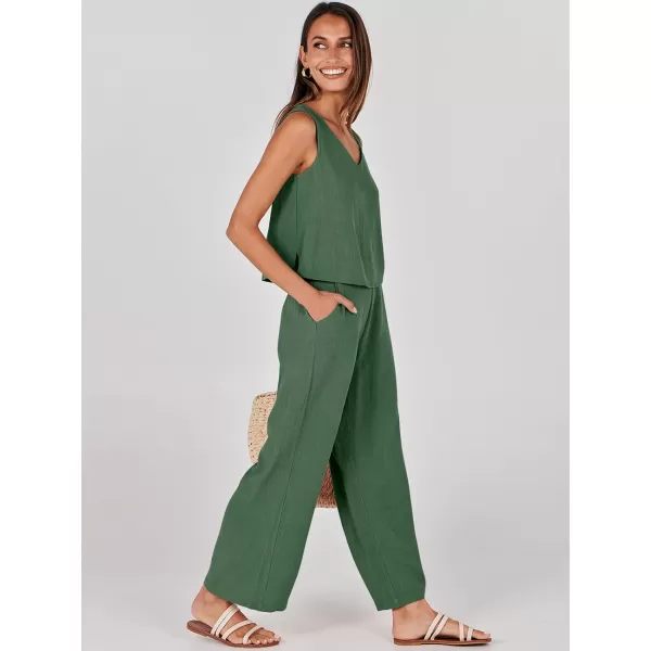 imageANRABESS Womens 2 Piece Outfits Summer Sleeveless Tank Crop Button Back Top Wide Leg Pants Linen Set with PocketsGreen