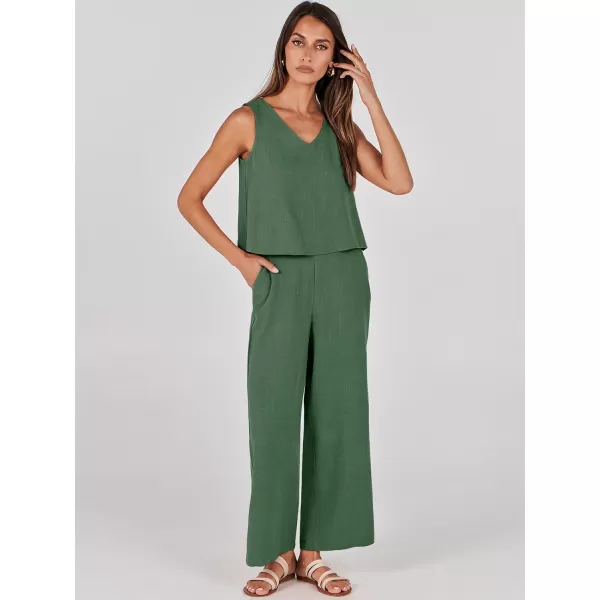 imageANRABESS Womens 2 Piece Outfits Summer Sleeveless Tank Crop Button Back Top Wide Leg Pants Linen Set with PocketsGreen