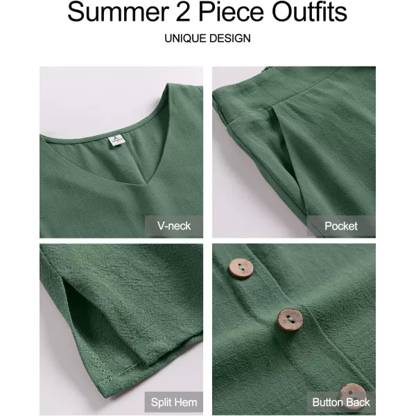 imageANRABESS Womens 2 Piece Outfits Summer Sleeveless Tank Crop Button Back Top Wide Leg Pants Linen Set with PocketsGreen
