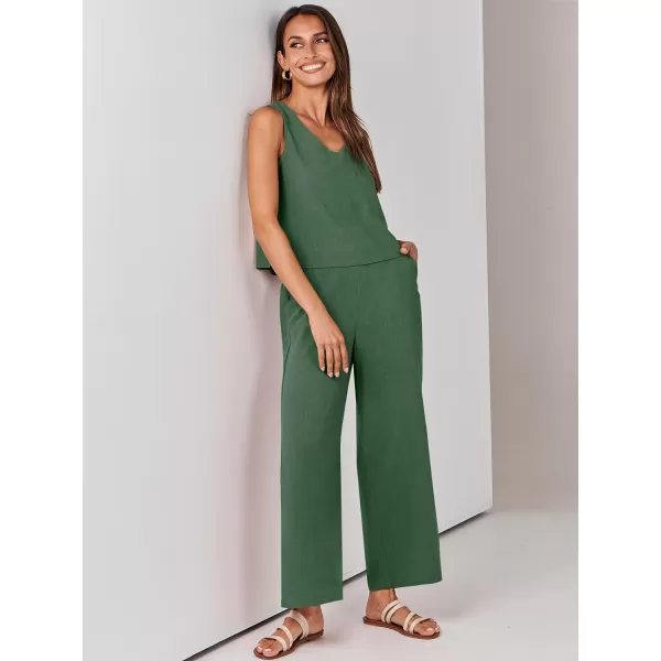 imageANRABESS Womens 2 Piece Outfits Summer Sleeveless Tank Crop Button Back Top Wide Leg Pants Linen Set with PocketsGreen