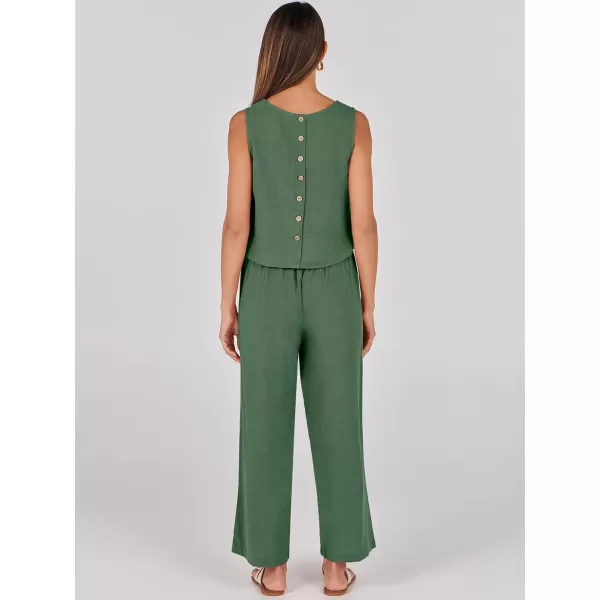 imageANRABESS Womens 2 Piece Outfits Summer Sleeveless Tank Crop Button Back Top Wide Leg Pants Linen Set with PocketsGreen