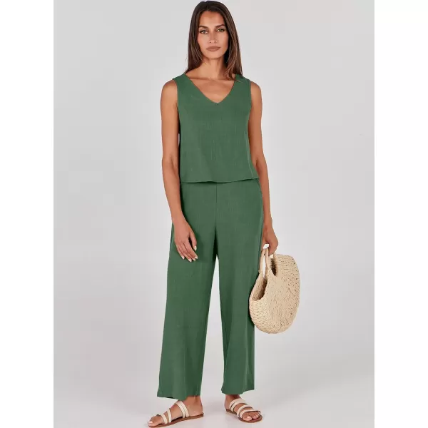 imageANRABESS Womens 2 Piece Outfits Summer Sleeveless Tank Crop Button Back Top Wide Leg Pants Linen Set with PocketsGreen
