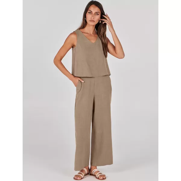 imageANRABESS Womens 2 Piece Outfits Summer Sleeveless Tank Crop Button Back Top Wide Leg Pants Linen Set with PocketsLight Brown
