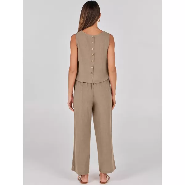 imageANRABESS Womens 2 Piece Outfits Summer Sleeveless Tank Crop Button Back Top Wide Leg Pants Linen Set with PocketsLight Brown