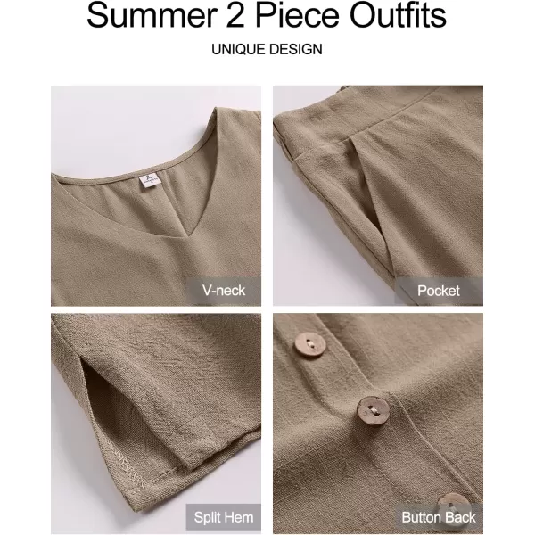 imageANRABESS Womens 2 Piece Outfits Summer Sleeveless Tank Crop Button Back Top Wide Leg Pants Linen Set with PocketsLight Brown