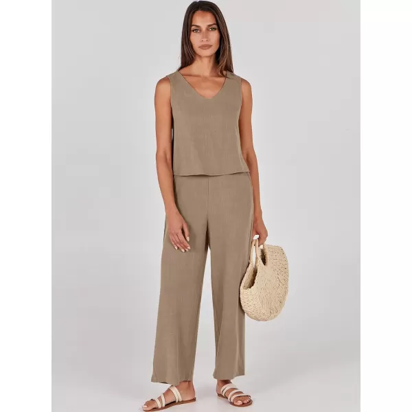 imageANRABESS Womens 2 Piece Outfits Summer Sleeveless Tank Crop Button Back Top Wide Leg Pants Linen Set with PocketsLight Brown