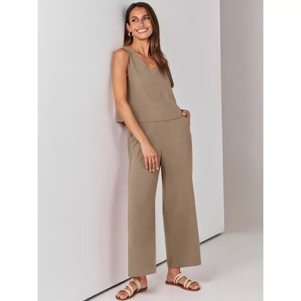 imageANRABESS Womens 2 Piece Outfits Summer Sleeveless Tank Crop Button Back Top Wide Leg Pants Linen Set with PocketsLight Brown