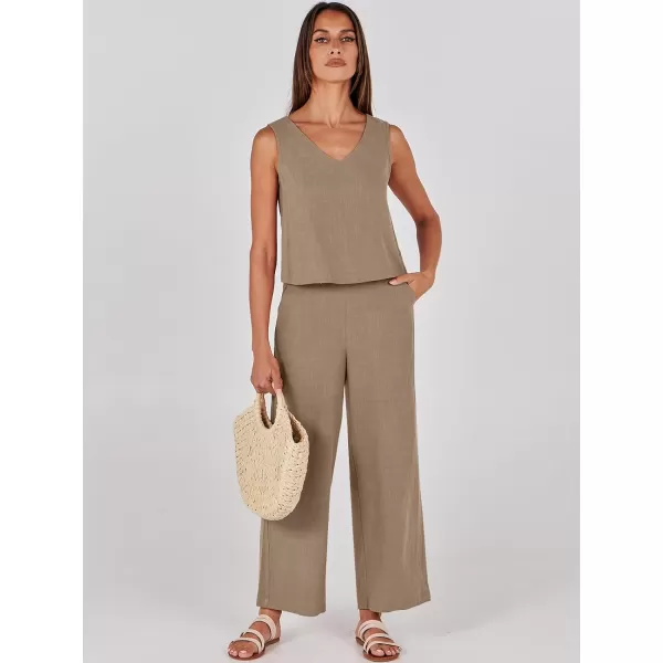 imageANRABESS Womens 2 Piece Outfits Summer Sleeveless Tank Crop Button Back Top Wide Leg Pants Linen Set with PocketsLight Brown