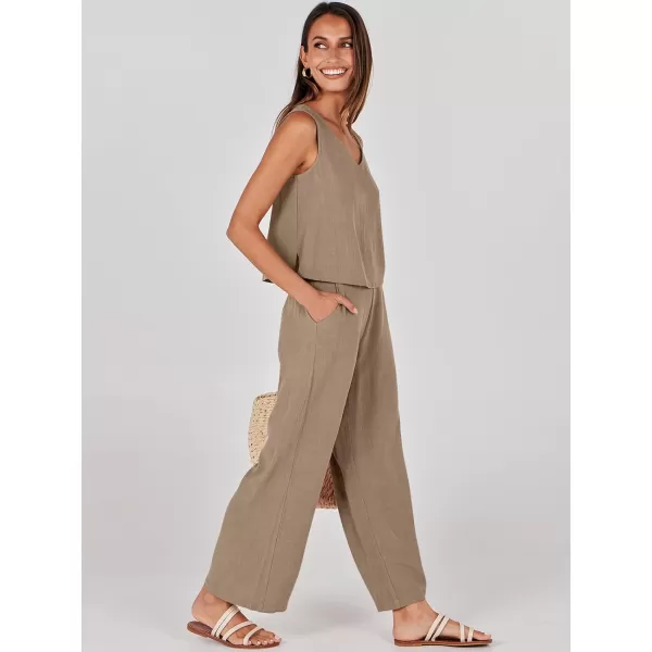 imageANRABESS Womens 2 Piece Outfits Summer Sleeveless Tank Crop Button Back Top Wide Leg Pants Linen Set with PocketsLight Brown