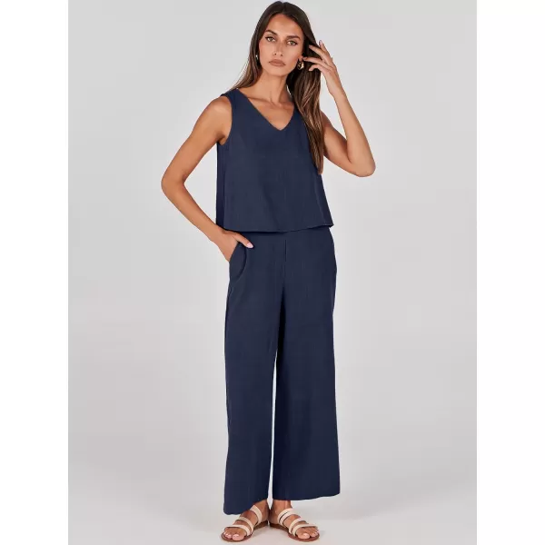 imageANRABESS Womens 2 Piece Outfits Summer Sleeveless Tank Crop Button Back Top Wide Leg Pants Linen Set with PocketsNavy Blue