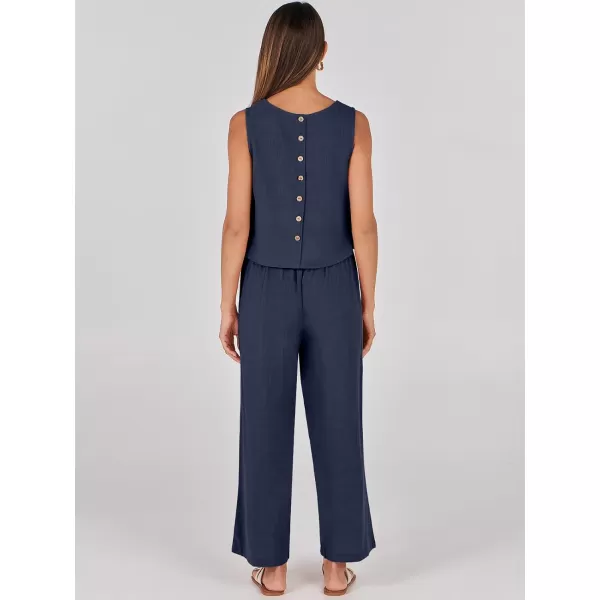 imageANRABESS Womens 2 Piece Outfits Summer Sleeveless Tank Crop Button Back Top Wide Leg Pants Linen Set with PocketsNavy Blue