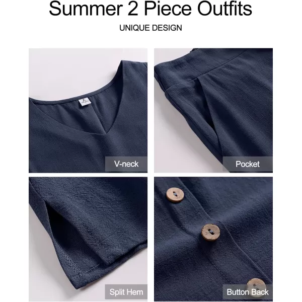 imageANRABESS Womens 2 Piece Outfits Summer Sleeveless Tank Crop Button Back Top Wide Leg Pants Linen Set with PocketsNavy Blue