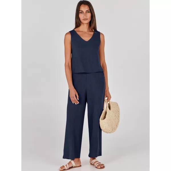imageANRABESS Womens 2 Piece Outfits Summer Sleeveless Tank Crop Button Back Top Wide Leg Pants Linen Set with PocketsNavy Blue