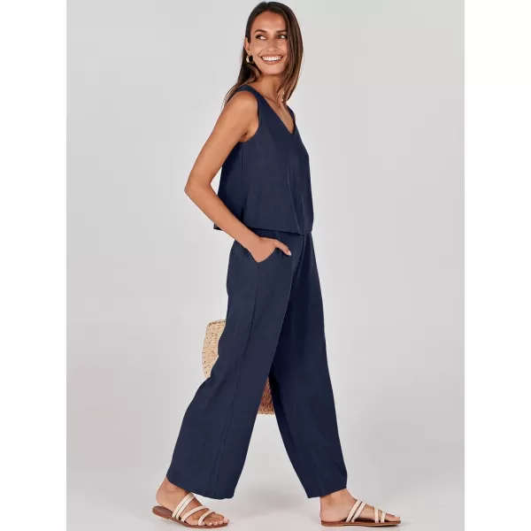 imageANRABESS Womens 2 Piece Outfits Summer Sleeveless Tank Crop Button Back Top Wide Leg Pants Linen Set with PocketsNavy Blue