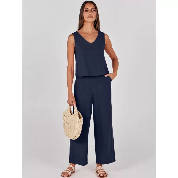 imageANRABESS Womens 2 Piece Outfits Summer Sleeveless Tank Crop Button Back Top Wide Leg Pants Linen Set with PocketsNavy Blue