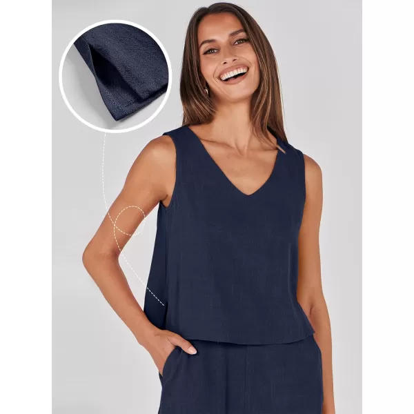 imageANRABESS Womens 2 Piece Outfits Summer Sleeveless Tank Crop Button Back Top Wide Leg Pants Linen Set with PocketsNavy Blue