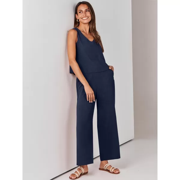 imageANRABESS Womens 2 Piece Outfits Summer Sleeveless Tank Crop Button Back Top Wide Leg Pants Linen Set with PocketsNavy Blue