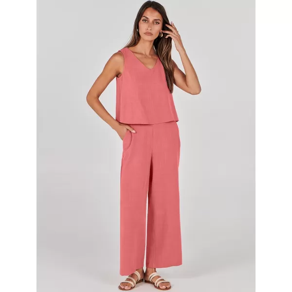 imageANRABESS Womens 2 Piece Outfits Summer Sleeveless Tank Crop Button Back Top Wide Leg Pants Linen Set with PocketsRed