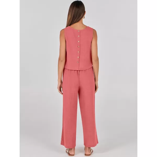 imageANRABESS Womens 2 Piece Outfits Summer Sleeveless Tank Crop Button Back Top Wide Leg Pants Linen Set with PocketsRed