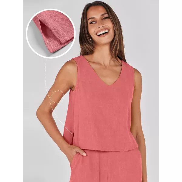 imageANRABESS Womens 2 Piece Outfits Summer Sleeveless Tank Crop Button Back Top Wide Leg Pants Linen Set with PocketsRed