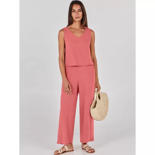imageANRABESS Womens 2 Piece Outfits Summer Sleeveless Tank Crop Button Back Top Wide Leg Pants Linen Set with PocketsRed