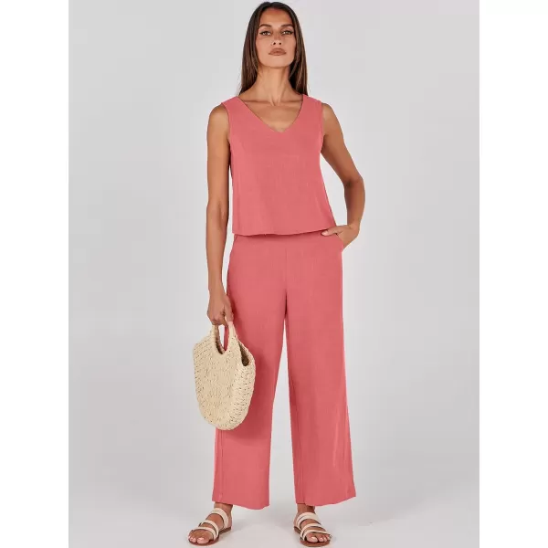 imageANRABESS Womens 2 Piece Outfits Summer Sleeveless Tank Crop Button Back Top Wide Leg Pants Linen Set with PocketsRed