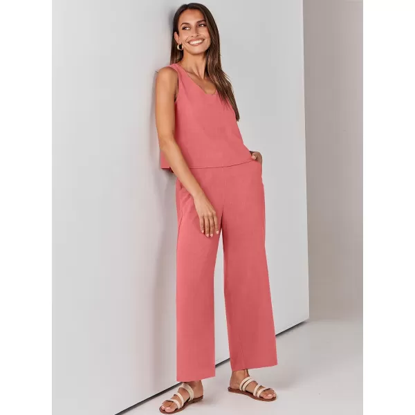 imageANRABESS Womens 2 Piece Outfits Summer Sleeveless Tank Crop Button Back Top Wide Leg Pants Linen Set with PocketsRed