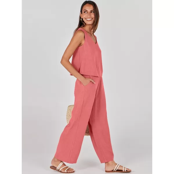 imageANRABESS Womens 2 Piece Outfits Summer Sleeveless Tank Crop Button Back Top Wide Leg Pants Linen Set with PocketsRed