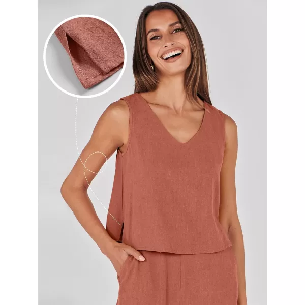 imageANRABESS Womens 2 Piece Outfits Summer Sleeveless Tank Crop Button Back Top Wide Leg Pants Linen Set with PocketsRust
