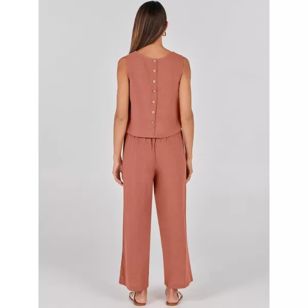 imageANRABESS Womens 2 Piece Outfits Summer Sleeveless Tank Crop Button Back Top Wide Leg Pants Linen Set with PocketsRust