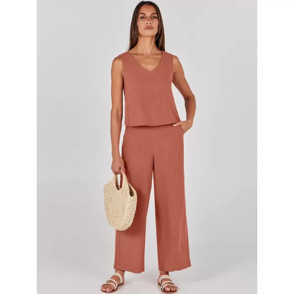 imageANRABESS Womens 2 Piece Outfits Summer Sleeveless Tank Crop Button Back Top Wide Leg Pants Linen Set with PocketsRust