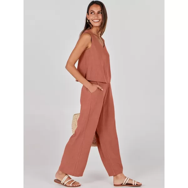 imageANRABESS Womens 2 Piece Outfits Summer Sleeveless Tank Crop Button Back Top Wide Leg Pants Linen Set with PocketsRust