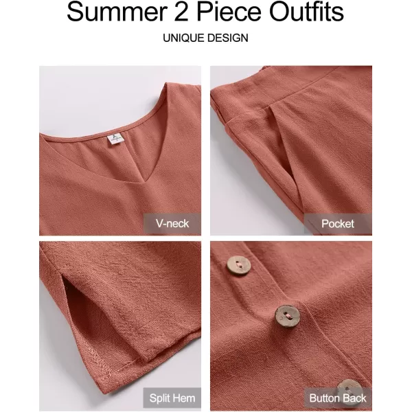 imageANRABESS Womens 2 Piece Outfits Summer Sleeveless Tank Crop Button Back Top Wide Leg Pants Linen Set with PocketsRust