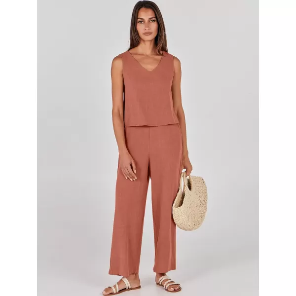 imageANRABESS Womens 2 Piece Outfits Summer Sleeveless Tank Crop Button Back Top Wide Leg Pants Linen Set with PocketsRust