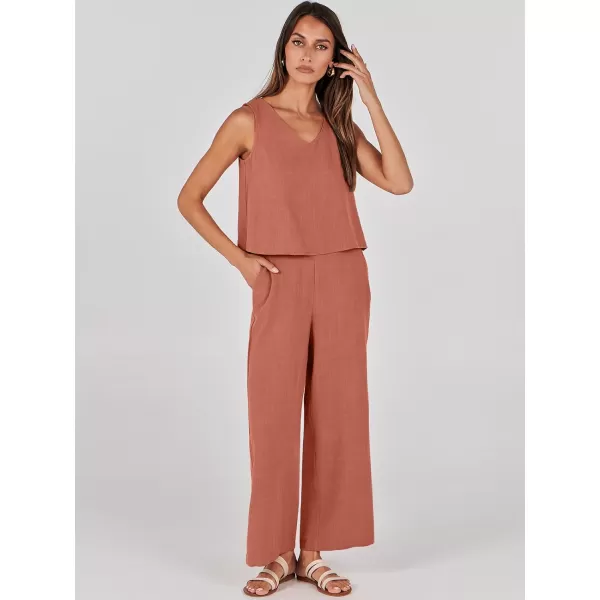 imageANRABESS Womens 2 Piece Outfits Summer Sleeveless Tank Crop Button Back Top Wide Leg Pants Linen Set with PocketsRust