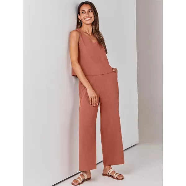imageANRABESS Womens 2 Piece Outfits Summer Sleeveless Tank Crop Button Back Top Wide Leg Pants Linen Set with PocketsRust