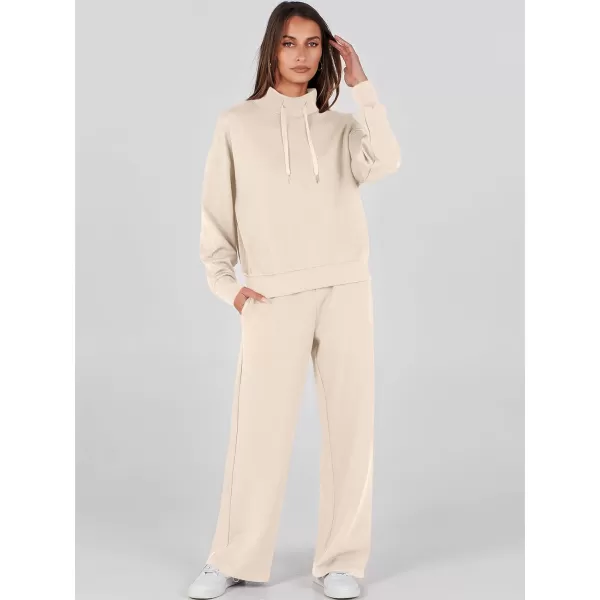 imageANRABESS Womens 2 Piece Outfits Sweatsuit Set 2023 Fall Drawstring Sweatshirt Wide Leg Sweatpant Lounge Set TracksuitApricot