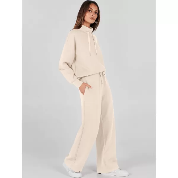 imageANRABESS Womens 2 Piece Outfits Sweatsuit Set 2023 Fall Drawstring Sweatshirt Wide Leg Sweatpant Lounge Set TracksuitApricot
