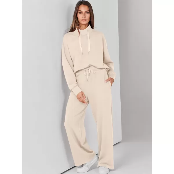 imageANRABESS Womens 2 Piece Outfits Sweatsuit Set 2023 Fall Drawstring Sweatshirt Wide Leg Sweatpant Lounge Set TracksuitApricot