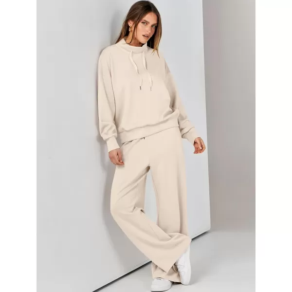 imageANRABESS Womens 2 Piece Outfits Sweatsuit Set 2023 Fall Drawstring Sweatshirt Wide Leg Sweatpant Lounge Set TracksuitApricot