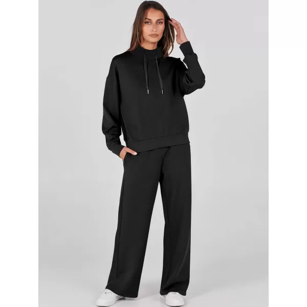 imageANRABESS Womens 2 Piece Outfits Sweatsuit Set 2023 Fall Drawstring Sweatshirt Wide Leg Sweatpant Lounge Set TracksuitBlack