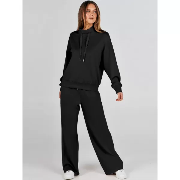 imageANRABESS Womens 2 Piece Outfits Sweatsuit Set 2023 Fall Drawstring Sweatshirt Wide Leg Sweatpant Lounge Set TracksuitBlack